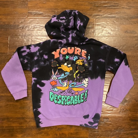 H&M Purple Black Tie Dye Daffy Duck Hoodie Girls Size 8 - Picture 1 of 6